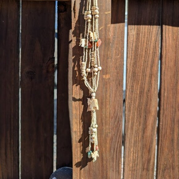 Vintage 1970's Carved Bone Necklace with natural stones